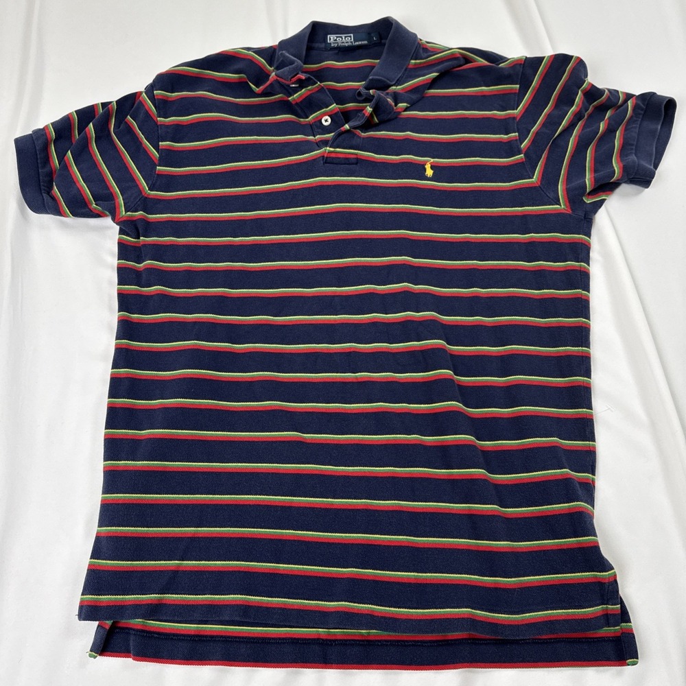 Ralph Lauren Polo Shirt Men's L Navy Stripe Logo Short Sleeve (Small Hole)